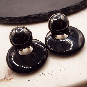 VINTAGE CLASSIC  STERLING & ONYX CIRCLES DANGLING PIERCED EARRINGS 18